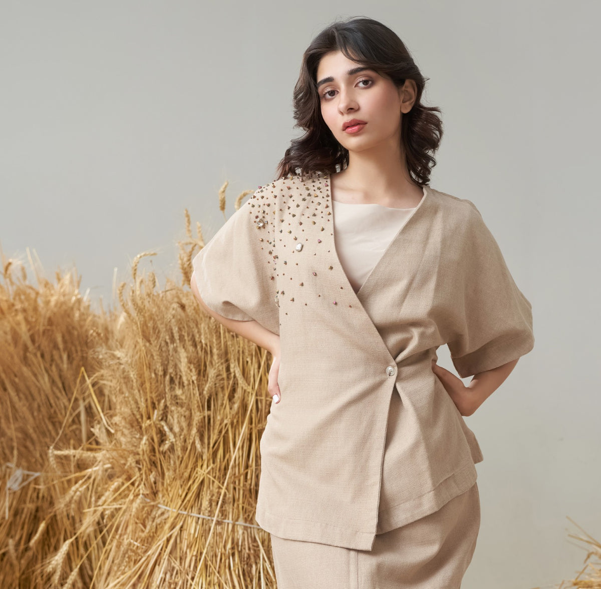 Embellished Kimono Top (Khaki)