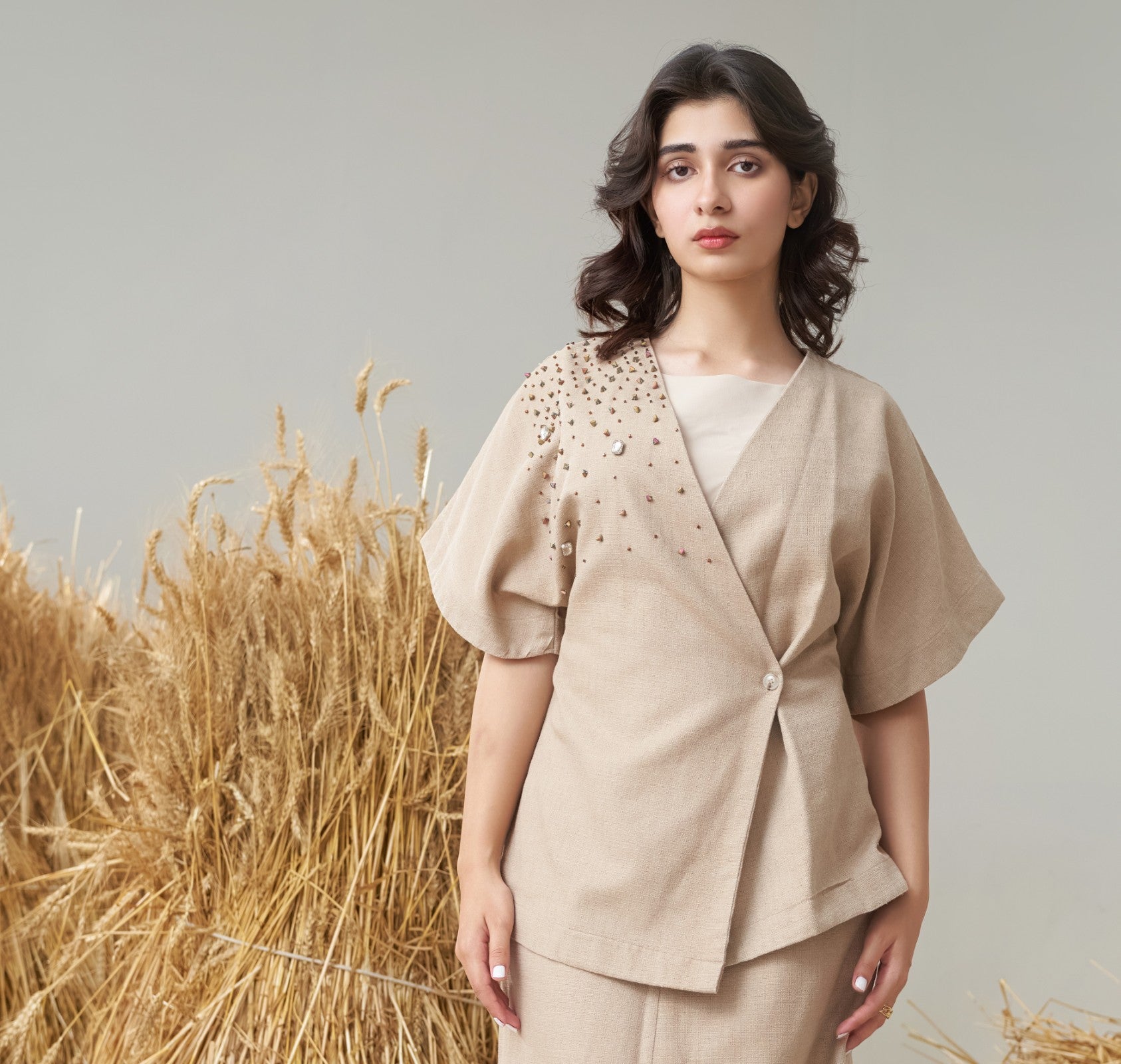 Embellished Kimono Top (Khaki)