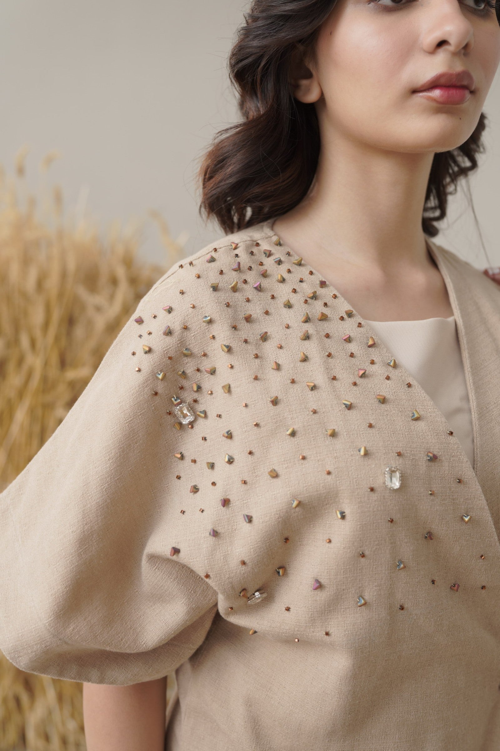 Embellished Kimono Top (Khaki)