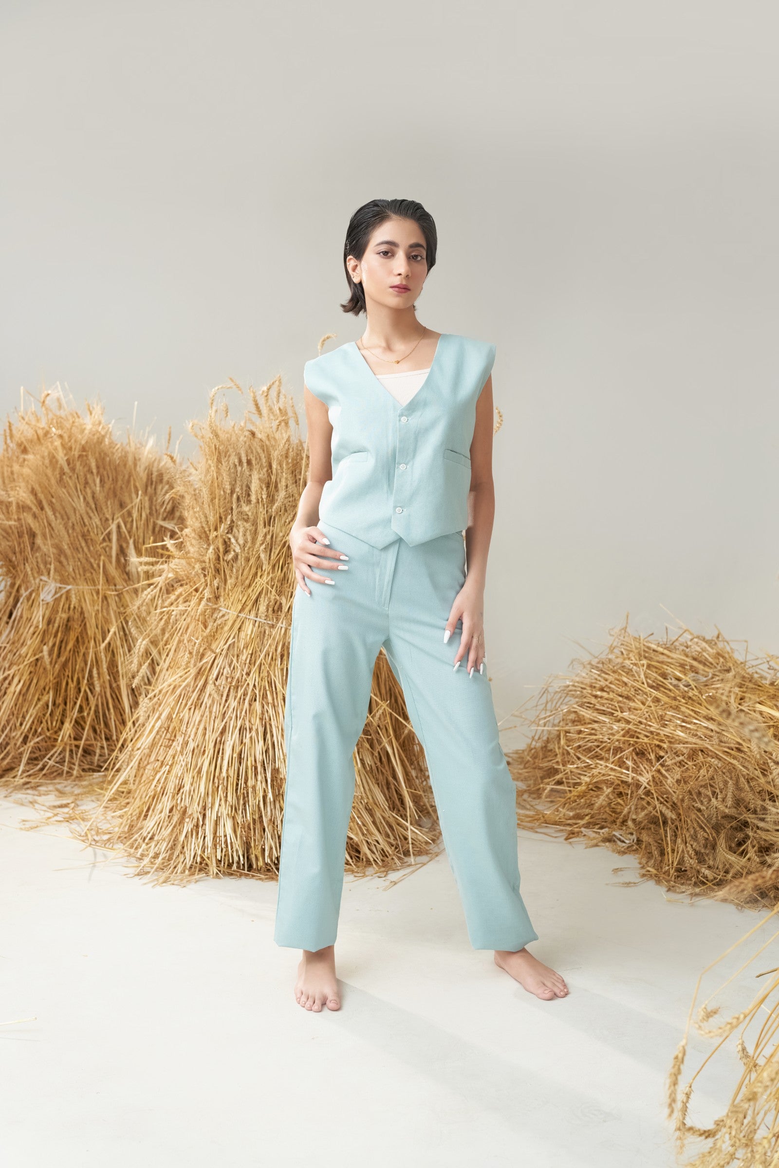 2 Piece Waistcoat Set (Mint Green & Khaki)