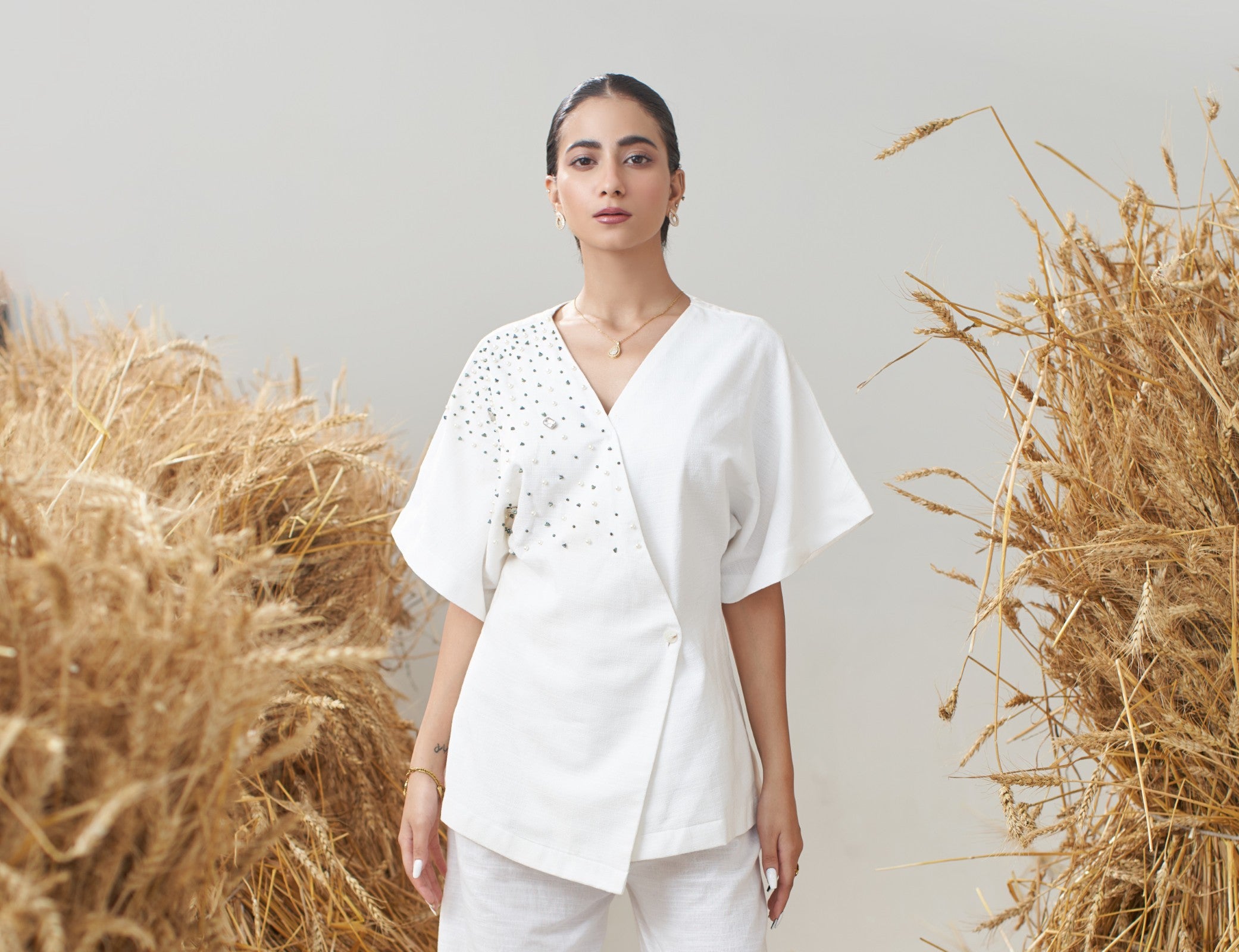 Embellished Kimono Top (White and Khaki)