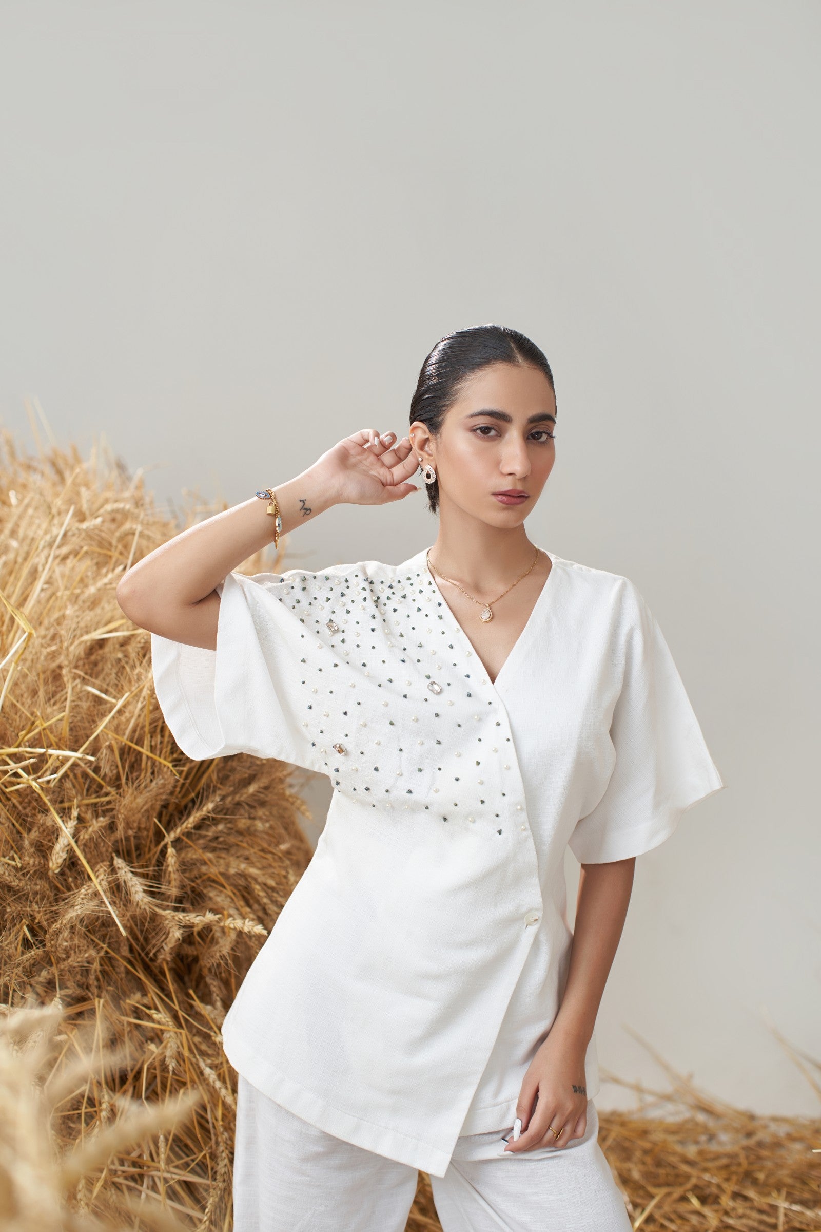 Embellished Kimono Top (White and Khaki)